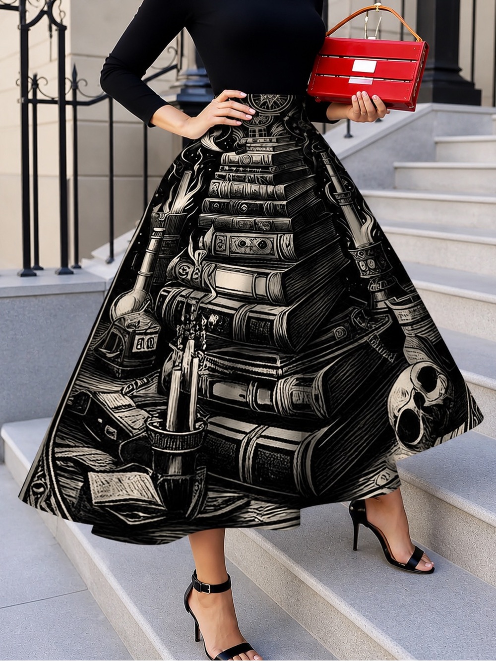 Dark Academia Mystic Book Stack A-Line Skirt
